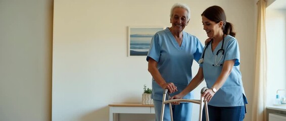 A compassionate nurse assists an elderly woman with a walker, as the camera gently pans to capture their supportive interaction in a bright, serene care facility, in a cinematic style.