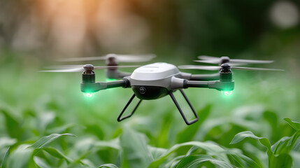 Agricultural drone flying over green field smart farming technology for crop monitoring and precision agriculture