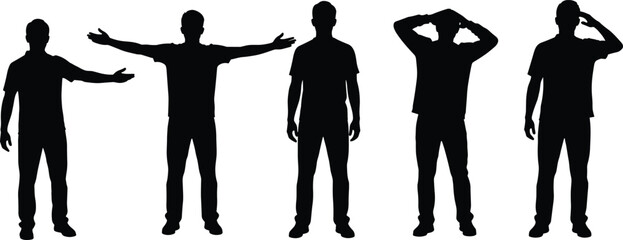 Male silhouettes showing standing gestures and body language poses, representing communication, emotion, confidence, attitude and modern human expression on white background © Arman