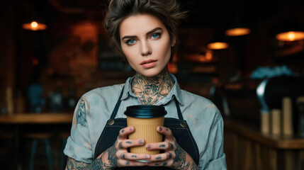Tattooed female barista holding takeaway coffee cup in cozy cafe interior warm light urban lifestyle portrait