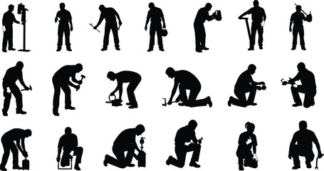 Worker silhouettes using tools and machinery in different poses, representing construction, maintenance, repair work, labor skills and industrial professions on white background