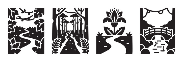 Fototapeta premium Nature landscapes vector illustrations depicting various outdoor scenes with paths, trees, flowers, and a bridge in a graphic black and white style.
