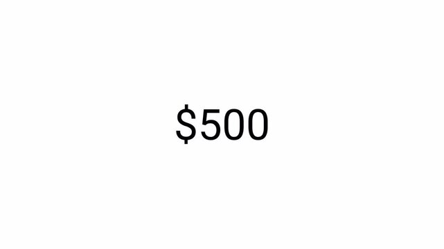 dollar Number counter animation from zero to five hundred on a transparent background, $0 to $500 animated dollar number counter with alpha channel best for  amount concepts.