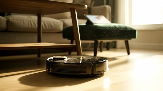 Robot vacuum cleaner cleaning hardwood floor in modern living room, home appliance. Cleaning house, technology, robot, modern, smart, floor, home.
