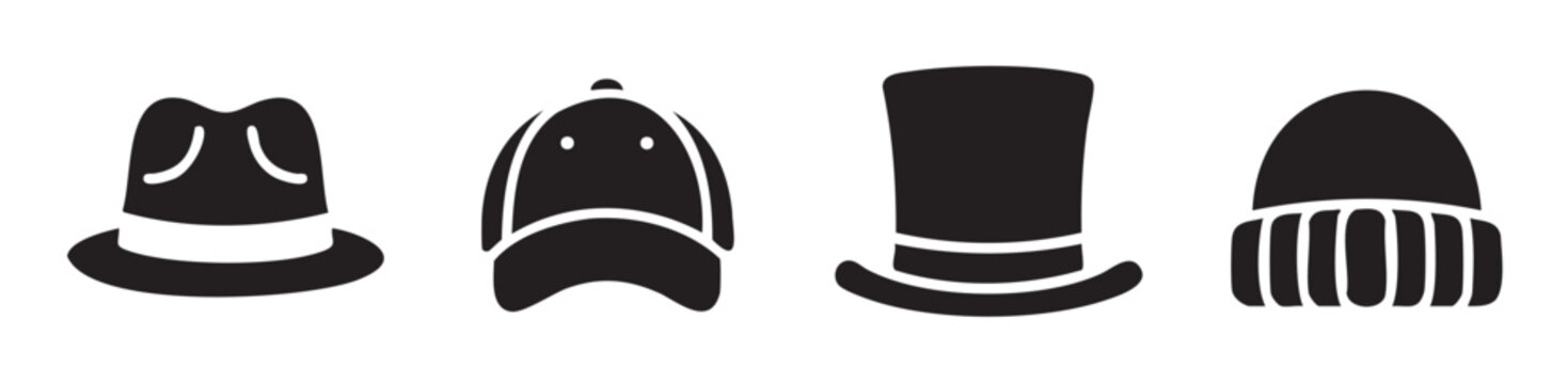 Different styles of hats are displayed in a simple graphic illustration, showcasing a variety of headwear designs from classic to casual.