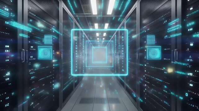 A futuristic server room with a glowing blue square outline in the center, surrounded by rows of computer servers and illuminated panels on the walls and ceiling, conveying a high-tech