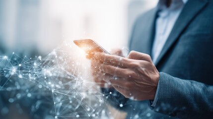 Businessman using smartphone with digital network connection graphic overlay
