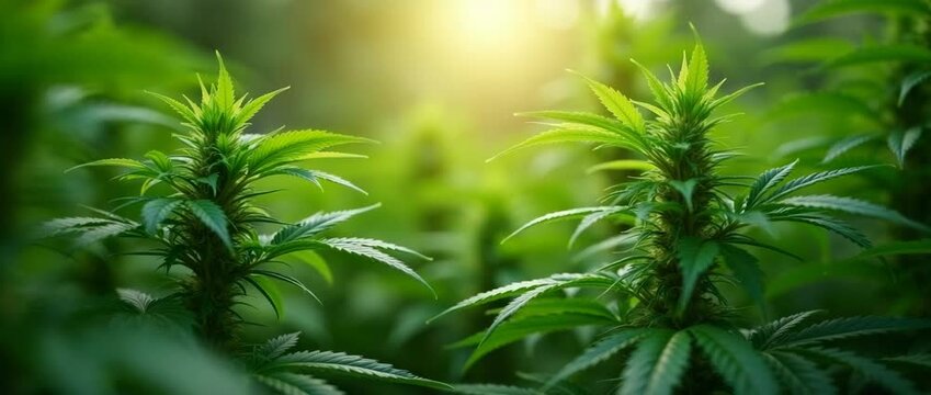 Sunlit cannabis plants sway gently in a lush garden, captured with a slow cinematic pan, as warm light filters through leaves, creating a serene, natural ambiance.