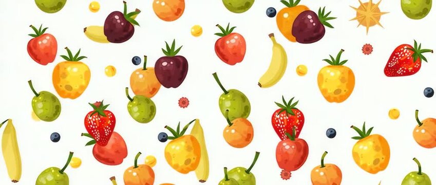 Vibrant fruits gently sway against a serene backdrop, as the camera slowly pans across this seamless, colorful pattern in a playful, animated style, perfect for fresh, organic branding.