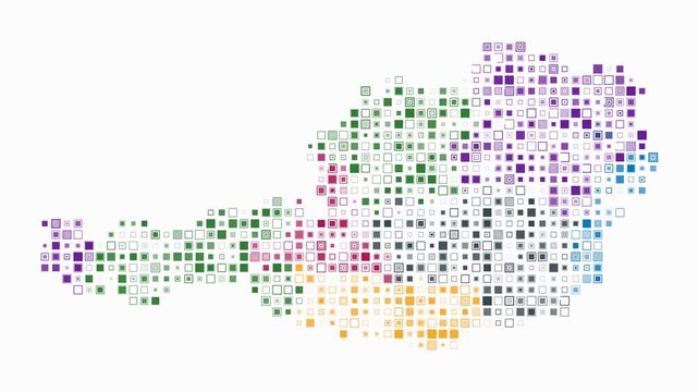 Austria map animation. Shape of the country with pulsating colored dots. Small size square blocks. Digital style Austria map on white background. Awesome video.