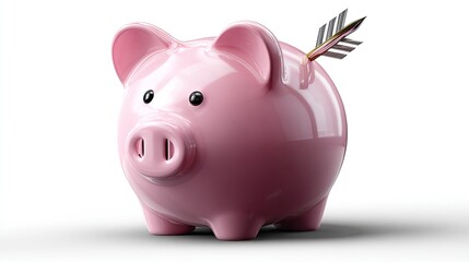 Obraz premium Piggy Bank Target: An image of a pink piggy bank, pierced with an arrow, symbolizes financial goals, investment risk, and the pursuit of financial objectives. 
