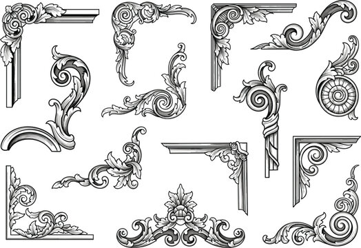 Set of vintage baroque ornamental corners and floral filigree decorative elements in black and white vector style for elegant frame design.