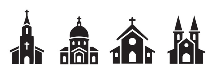 Four different church building icons representing various architectural styles and religious structures, symbolizing faith, worship, and spirituality.