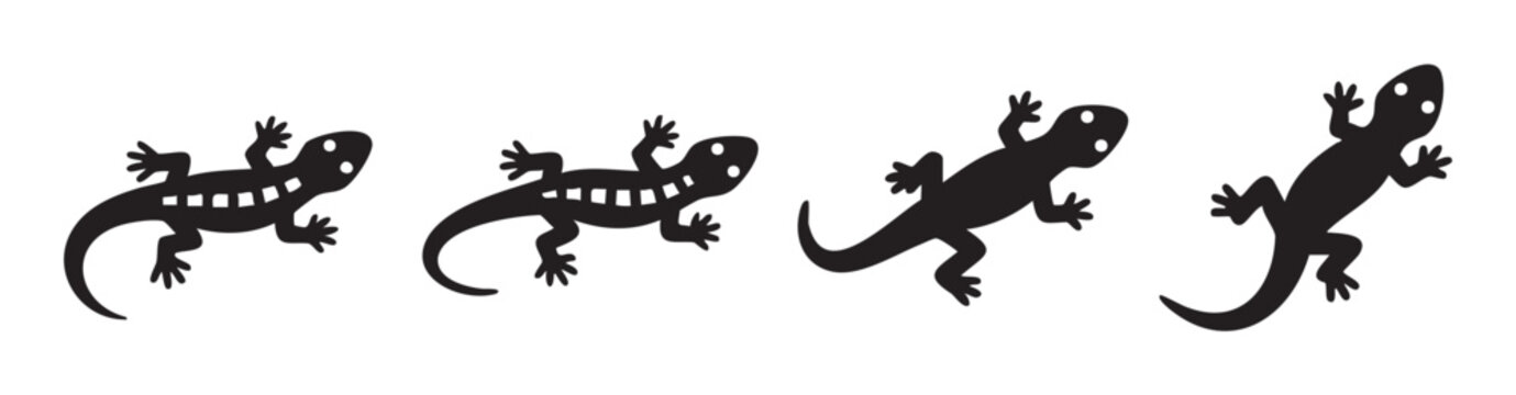 Four black lizard silhouettes are depicted in a simple graphic style, showcasing various poses and patterns, perfect for diverse design projects and illustrations.