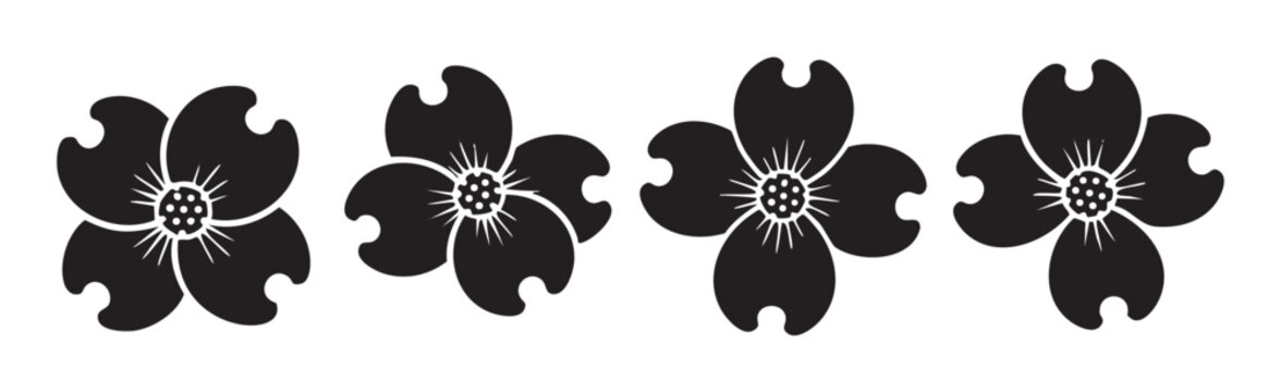 Stylized dogwood flowers arranged in a horizontal row, featuring a simple black and white graphic illustration with a minimalist aesthetic.