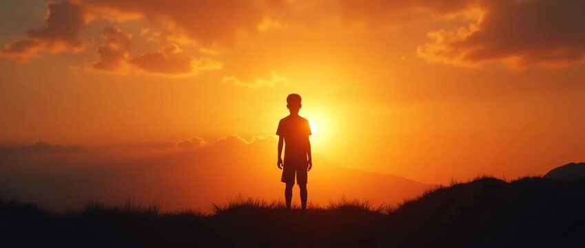 Silhouette of a lone figure standing against a vibrant sunset, as the camera slowly pans, while gentle clouds drift in the sky, creating a serene, cinematic landscape scene.
