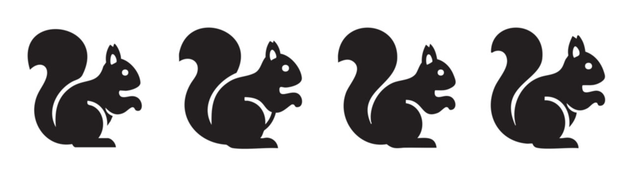 Four black squirrel animal silhouettes standing together, representing wildlife, nature, and forest creatures in a simple, graphic icon design.