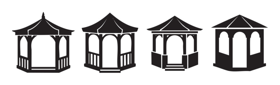 Four distinct black gazebo pavilion silhouettes showcasing various architectural styles and designs suitable for outdoor garden structures and event spaces.