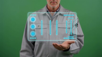 Man presenting digital interface with graphs and charts on green background - Powered by Adobe