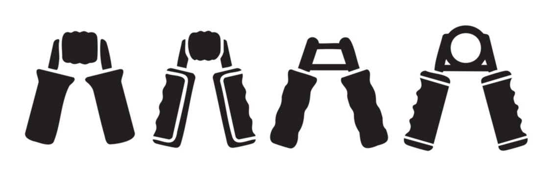Four different hand grippers for strength training and exercise routines, essential tools for developing forearm and grip muscles.