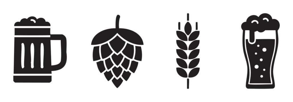 Beer icons and ingredients symbols are presented as a collection of black and white vector graphics representing brewing elements.