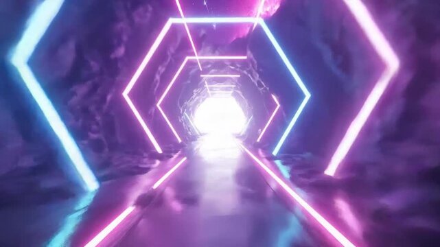 Abstract Tunnel with Neon Hexagonal Lights and Reflective Surfaces in Purple and Blue Lighting