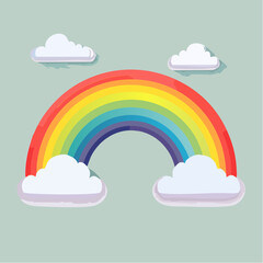 A colorful rainbow arches across a light green sky with fluffy white clouds.