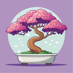 Cartoon illustration of a bonsai tree with pink flowers in a white pot against a purple background.