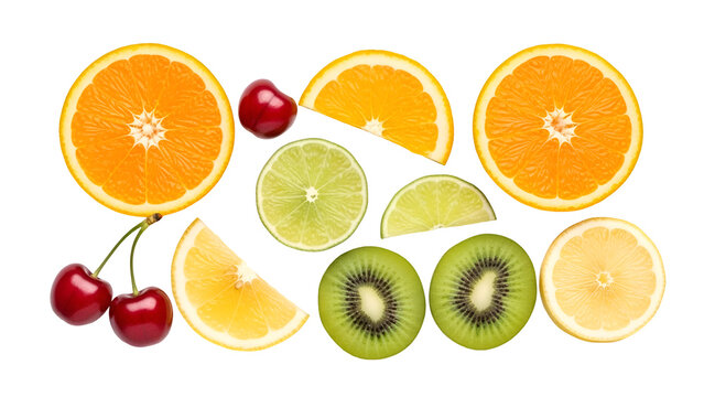 Fresh fruit slices arranged on white background
