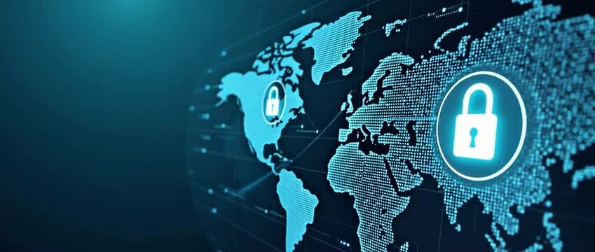 Global cybersecurity landscape with animated digital locks over a world map, gentle data flow motion, and slow camera pan, in a futuristic, cinematic style.