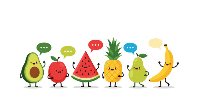 Group of cute cartoon fruit characters like avocado, apple, and banana are talking with speech bubbles to represent healthy eating for kids.