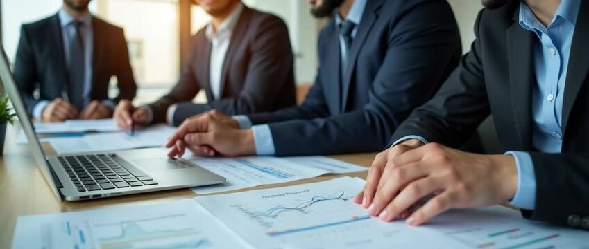 Business professionals analyze financial charts in a modern office; camera gently pans to reveal collaborative discussion and document review, creating a cinematic, data-driven scene.