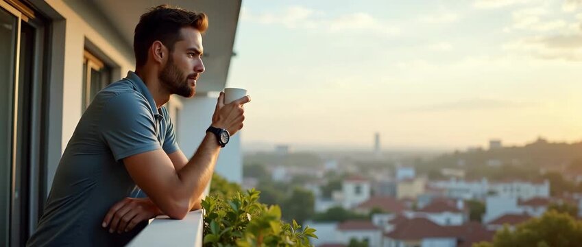 Handsome man leaning on balcony outdoors sipping coffee capturing relaxed personal moment refreshing break from indoors and introspective breath concept as Calm vantage point underlines everyday routi