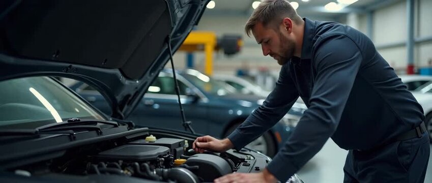 Mechanic inspects engine with focused precision in a bustling automotive garage; the camera pans slowly, capturing the ambient motion of workshop lights flickering in a cinematic style.