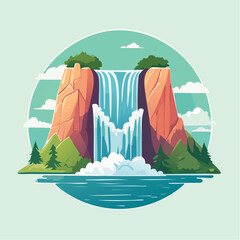 Stylized illustration of a waterfall cascading from a rocky cliff into a pool of water.