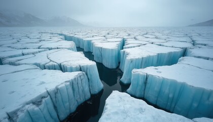 Arctic ice floes crack and break apart in frigid sea water. Vast glacial landscape shows fractured ice sheets under a hazy sky. Global warming causes polar ice melt and climate change.