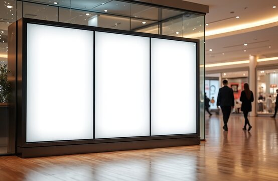 Blank triple screen display in a modern shopping mall interior. People walk past the empty advertising panels on a polished wood floor. Use this for commercial promotions and mockups.