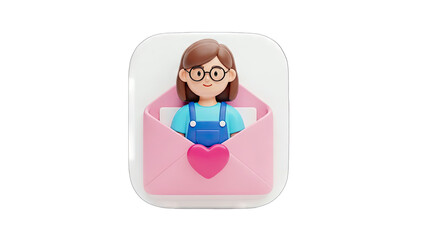 3D Icon of a Girl in an Envelope with a Heart on transparent background