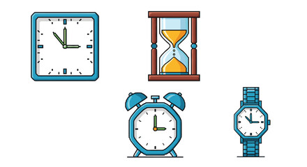 Essential time management tools including a wall clock, hourglass, alarm clock, and wristwatch are displayed to represent punctuality and schedules.