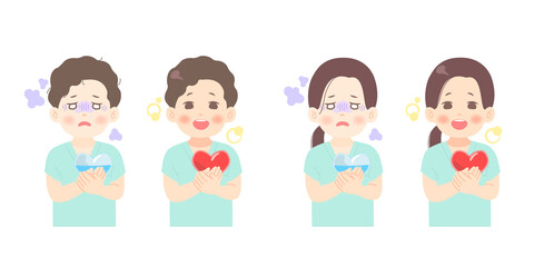 心の不調、ストレス、過労でつらそうな医療従事者（処置着）が回復するイメージイラスト