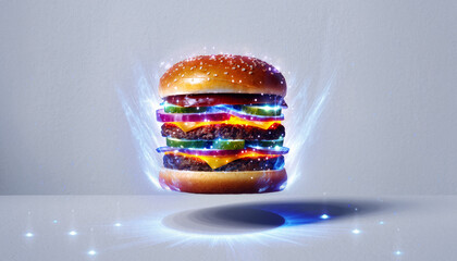 Floating Glowing Rainbow Burger in Midair.