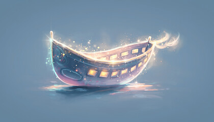 Glowing illuminated boat with light trails on blue water.