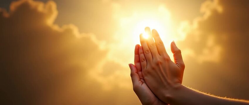 Praying hands with faith in religion and belief in God on blessing background. Power of hope or love and devotion. concept as Hands praying with faith and belief in God against a blessing background s