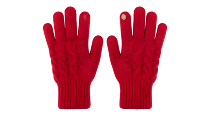 Pair of red touchscreen gloves on white background