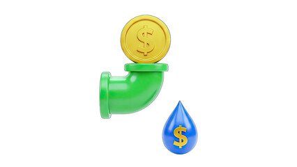 3D Money Dripping From Pipe with Dollar Coin on transparent background