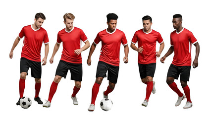 A football team practicing and playing with the ball in red jerseys 