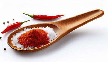 Thai Chili On Wooden Spoon With Salt Isolated On White Background