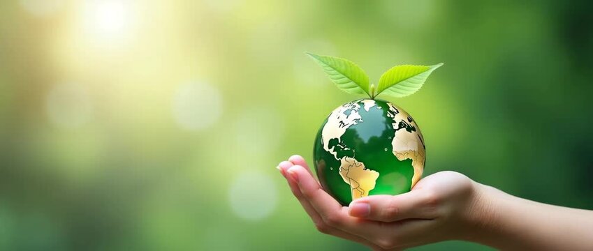 A hand gently cradles a globe with leaves sprouting, symbolizing sustainability, as the camera slowly pans across a sunlit, eco-friendly, green background in a serene, cinematic style.