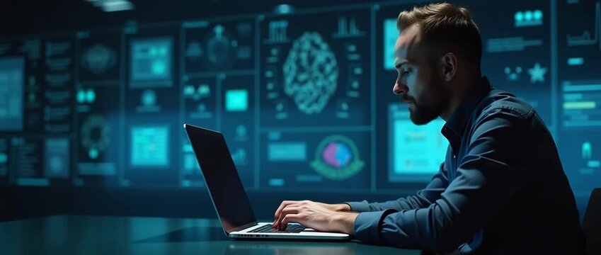 Focused professional analyzing data on laptop in high-tech control room; camera slowly pans as digital screens flicker ambiently, creating a cinematic, futuristic atmosphere.