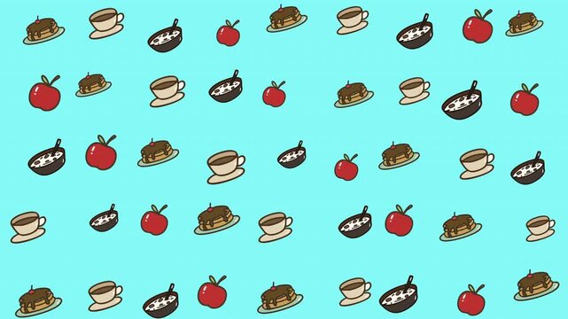 Repeating pattern of apples, coffee, and flan drawings. Perfect for food blogs, kitchen decor, menu designs, and recipe books.